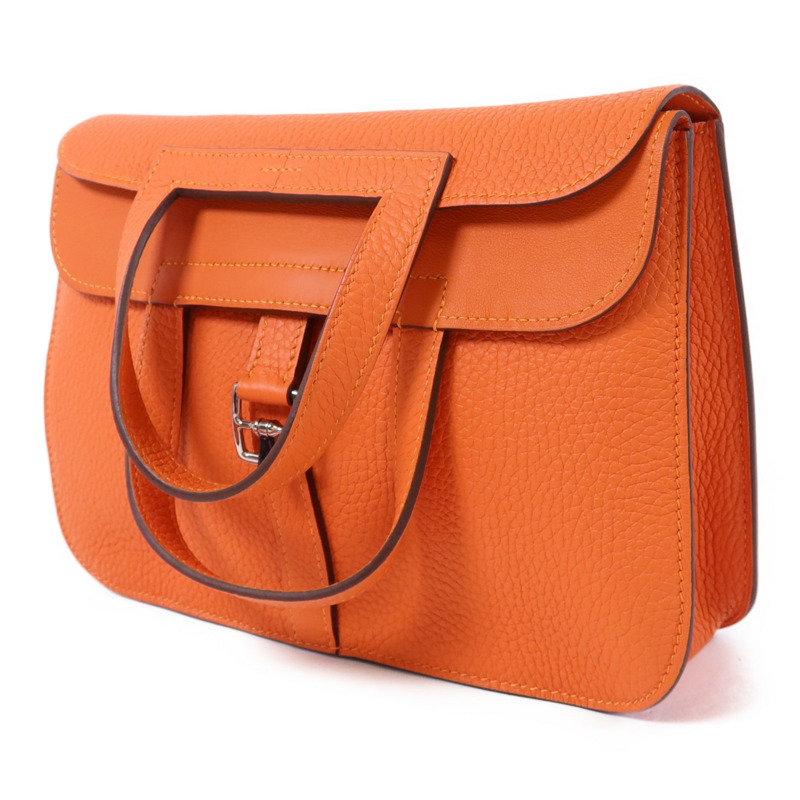HERMES Clemence皮革Halzan 25銀扣手挽肩背兩用袋Orange-2