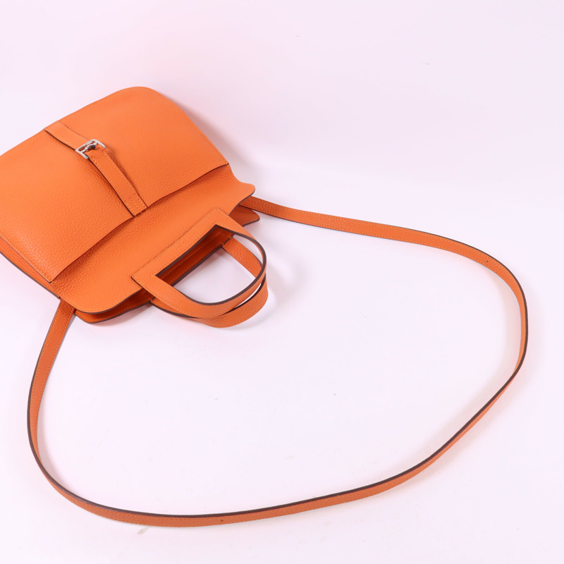 HERMES Clemence皮革Halzan 25銀扣手挽肩背兩用袋Orange-4