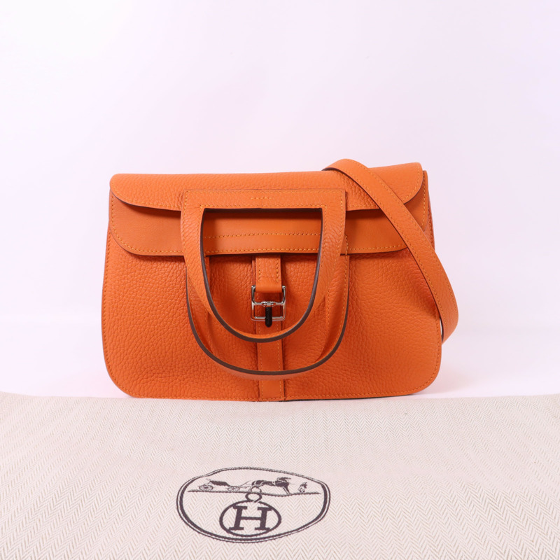 HERMES Clemence皮革Halzan 25銀扣手挽肩背兩用袋Orange-14