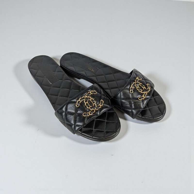 莉亞精品♡Chanel 皮穿鏈logo菱格紋拖鞋 尺碼38 二手美鞋-0