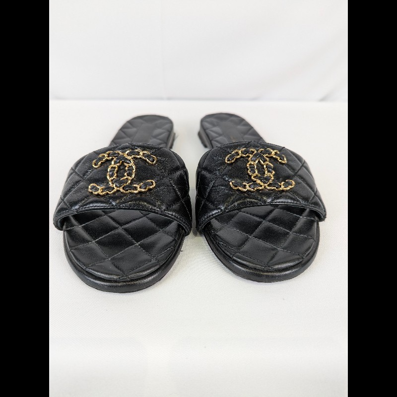 莉亞精品♡Chanel 皮穿鏈logo菱格紋拖鞋 尺碼38 二手美鞋-1