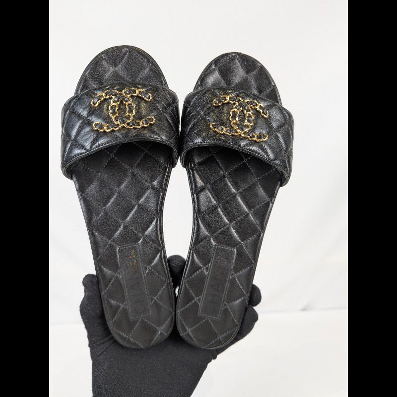 莉亞精品♡Chanel 皮穿鏈logo菱格紋拖鞋 尺碼38 二手美鞋-5