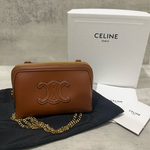 Celine 棕色 光滑牛皮革貝殼包 鏈條包 16cm