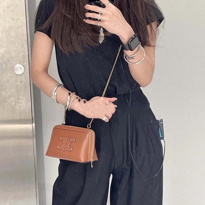 Celine 棕色 光滑牛皮革貝殼包 鏈條包 16cm-2