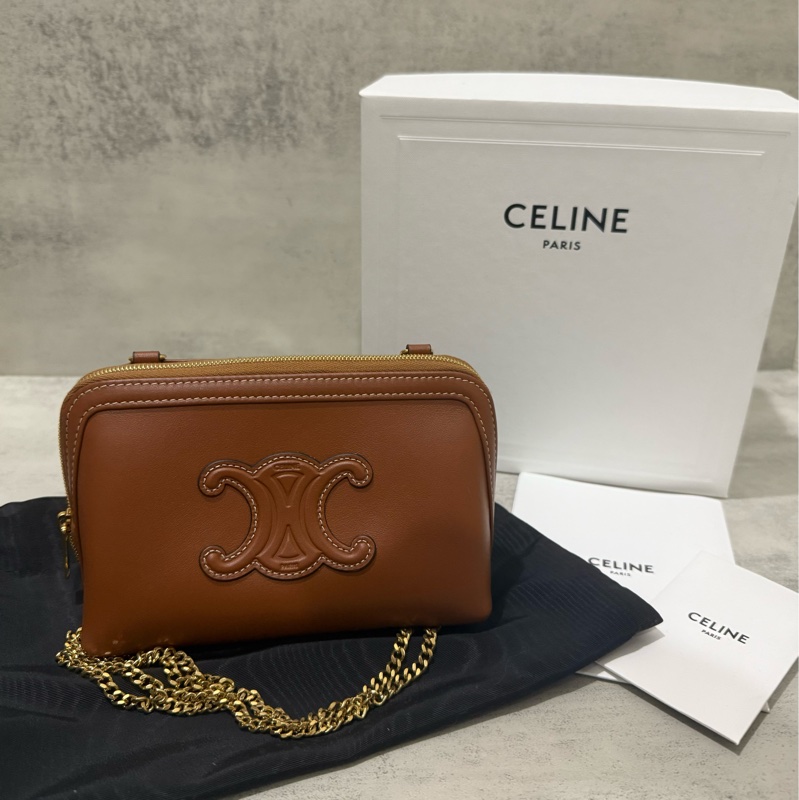 Celine 棕色 光滑牛皮革貝殼包 鏈條包 16cm-6