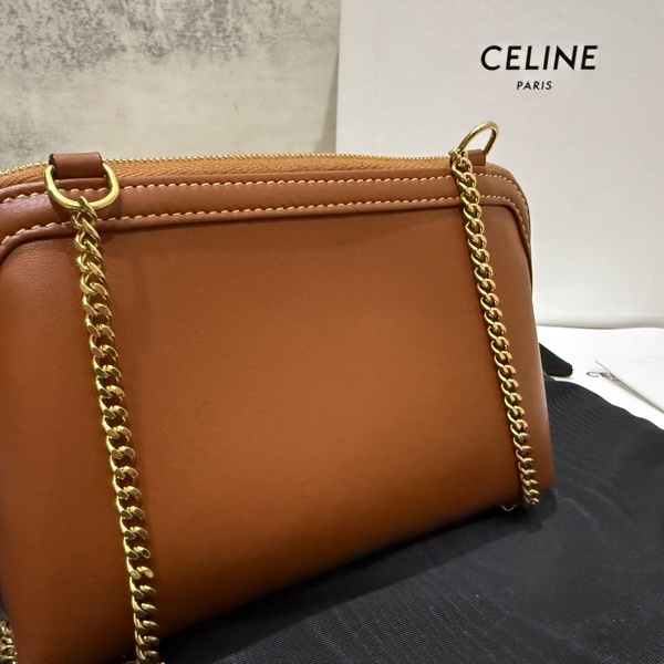 Celine 棕色 光滑牛皮革貝殼包 鏈條包 16cm-7