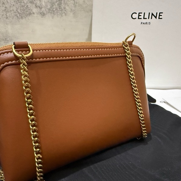 Celine 棕色 光滑牛皮革貝殼包 鏈條包 16cm-8