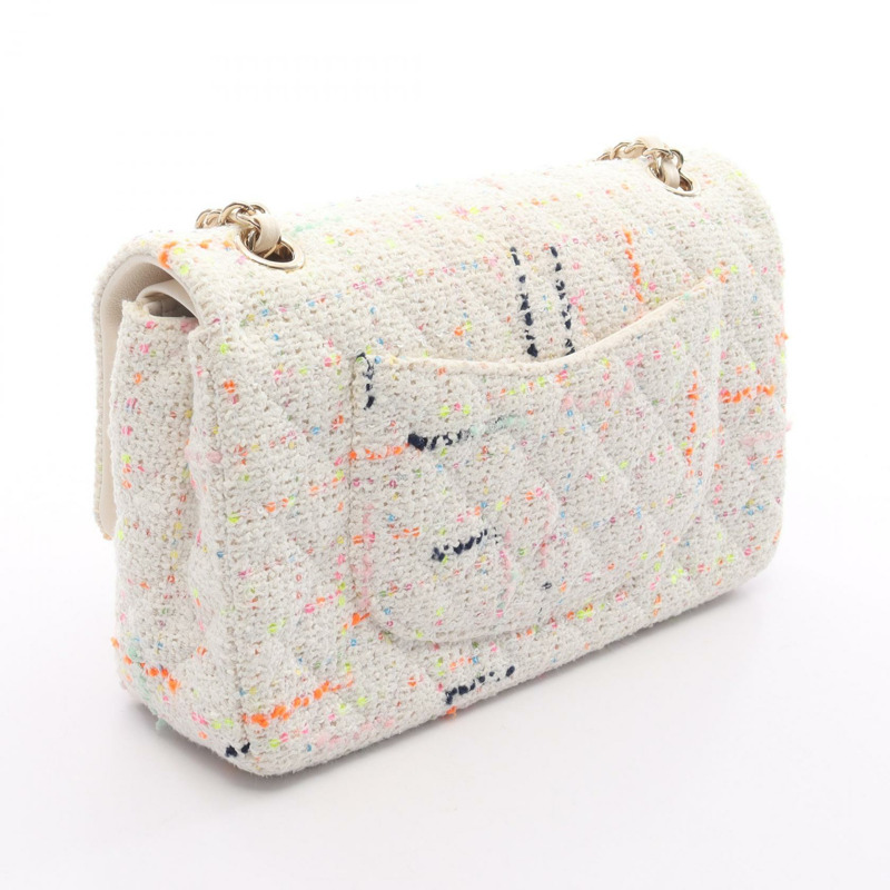 香奈兒 (CHANEL) Matelasse W 翻蓋鏈條肩背包 白色斜紋軟呢布料 二手 金色五金 女士 CC-1