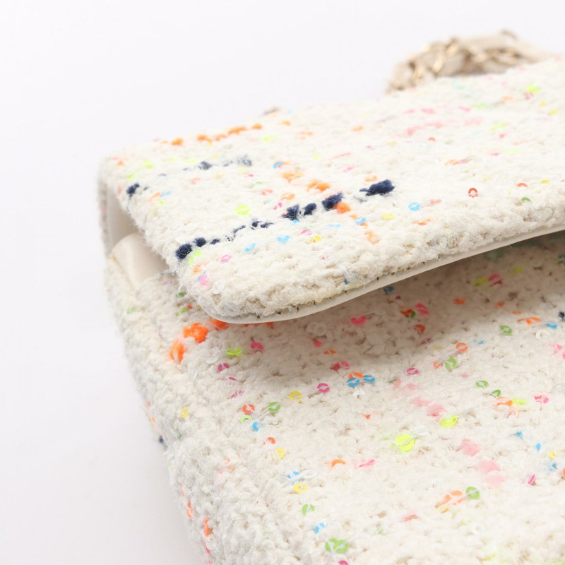 香奈兒 (CHANEL) Matelasse W 翻蓋鏈條肩背包 白色斜紋軟呢布料 二手 金色五金 女士 CC-7