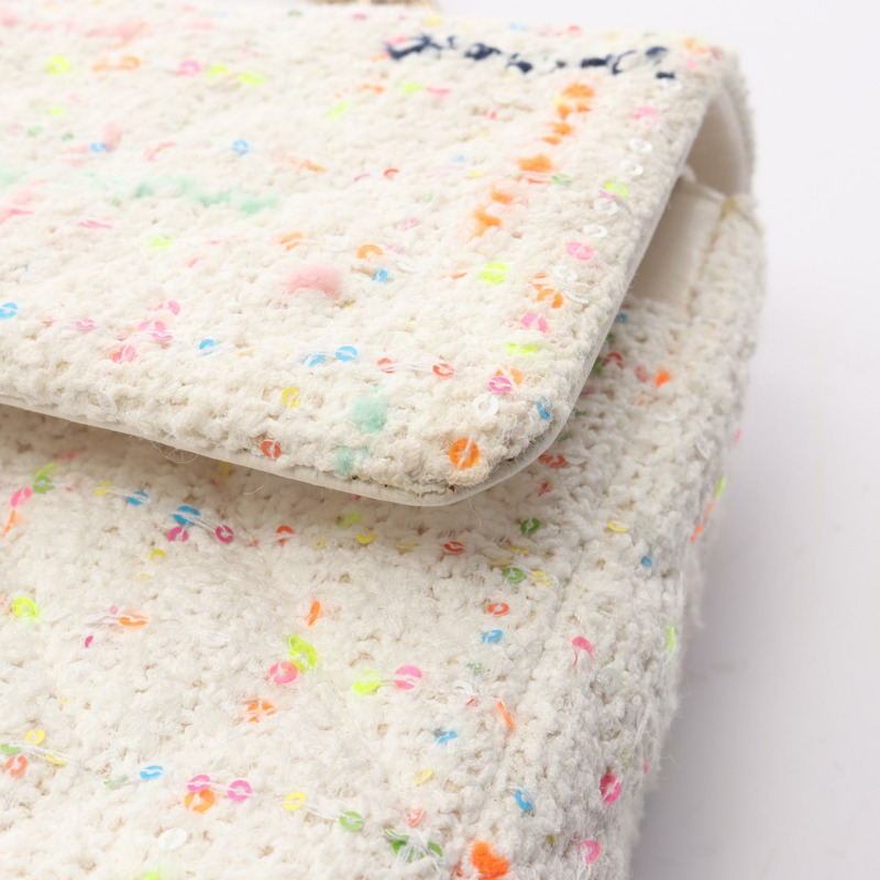 香奈兒 (CHANEL) Matelasse W 翻蓋鏈條肩背包 白色斜紋軟呢布料 二手 金色五金 女士 CC-8