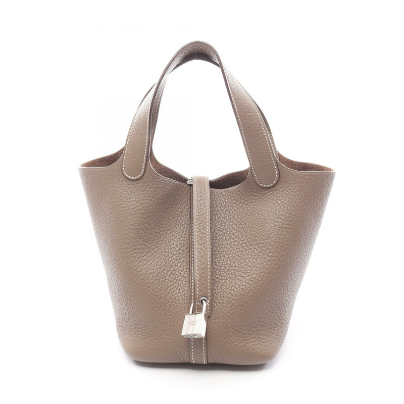 愛馬仕 Picotin Lock PM 托特包，Clemence 皮革，灰色/灰褐色，二手，帶五金件，大號-0