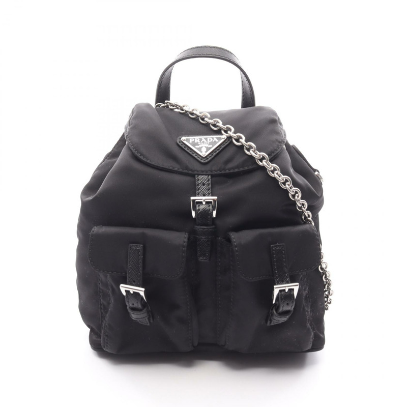 PRADA 鏈條肩挎斜背包 1BH029 尼龍 Saffiano 皮革 黑色 二手-0