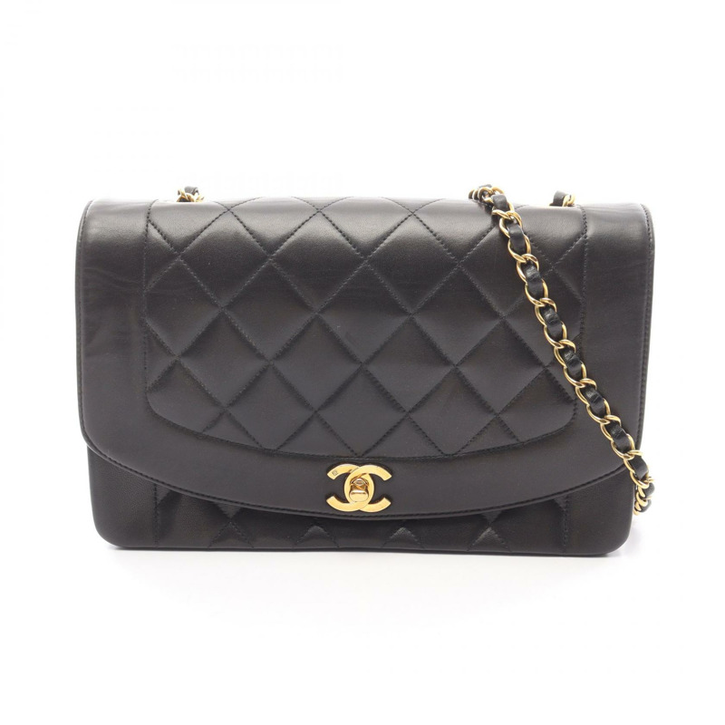 香奈兒 (CHANEL) 絎縫 Diana 翻蓋鏈條單肩背包,羊皮材質,黑色,二手,女士款,金色五金-0