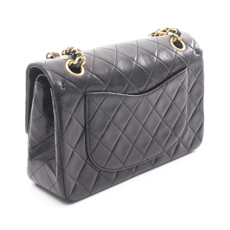 香奈兒 (CHANEL) Matelasse W 翻蓋鏈條單肩背包，羊皮材質，黑色，二手，金色五金，CC-1