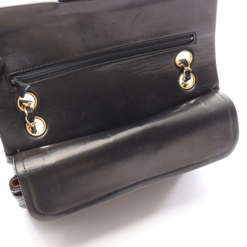 香奈兒 (CHANEL) Matelasse W 翻蓋鏈條單肩背包，羊皮材質，黑色，二手，金色五金，CC-5