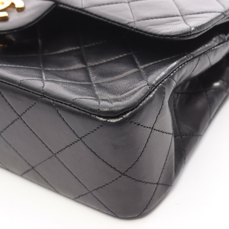 香奈兒 (CHANEL) Matelasse W 翻蓋鏈條單肩背包，羊皮材質，黑色，二手，金色五金，CC-10