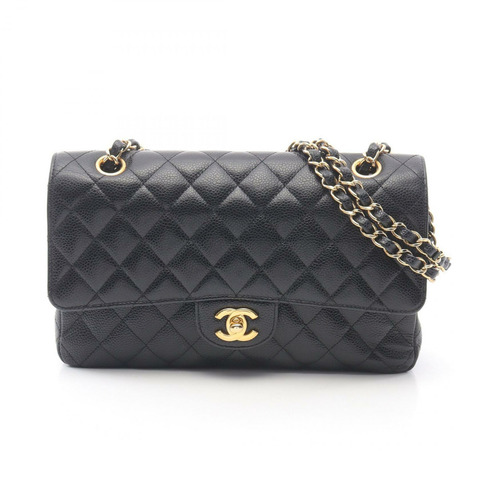 香奈兒 (CHANEL) Matelasse W 翻蓋鏈條單肩背包，粒面小牛皮，黑色，二手，金色五金