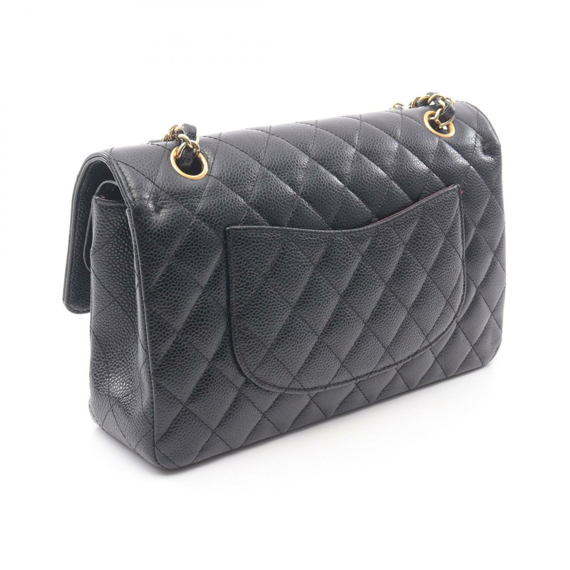 香奈兒 (CHANEL) Matelasse W 翻蓋鏈條單肩背包，粒面小牛皮，黑色，二手，金色五金-1