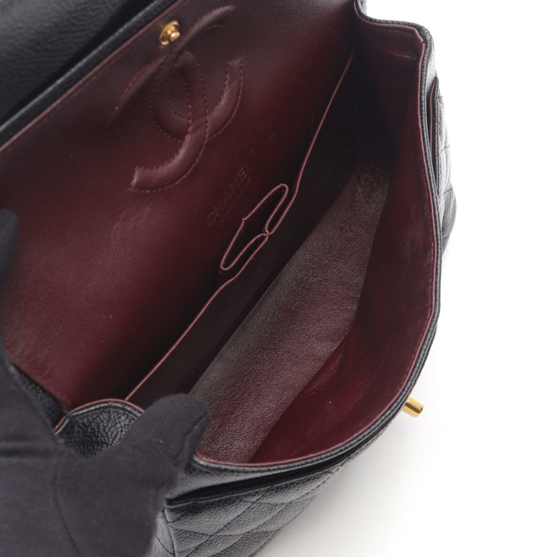 香奈兒 (CHANEL) Matelasse W 翻蓋鏈條單肩背包，粒面小牛皮，黑色，二手，金色五金-2