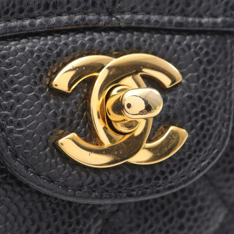 香奈兒 (CHANEL) Matelasse W 翻蓋鏈條單肩背包，粒面小牛皮，黑色，二手，金色五金-7