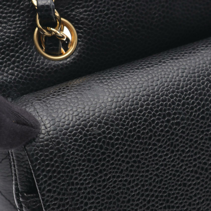 香奈兒 (CHANEL) Matelasse W 翻蓋鏈條單肩背包，粒面小牛皮，黑色，二手，金色五金-8