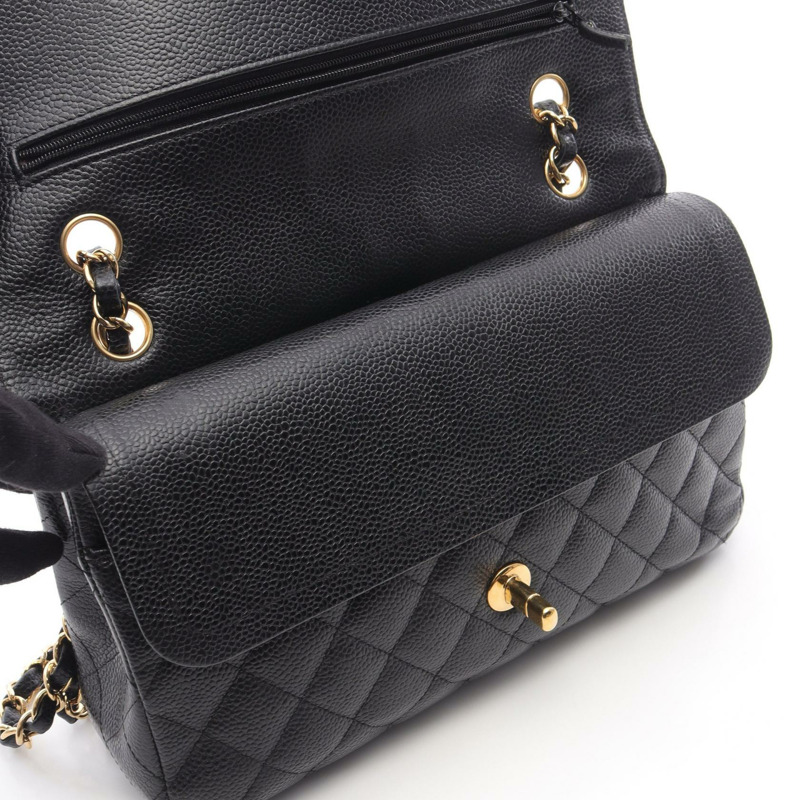 香奈兒 (CHANEL) Matelasse W 翻蓋鏈條單肩背包，粒面小牛皮，黑色，二手，金色五金-9