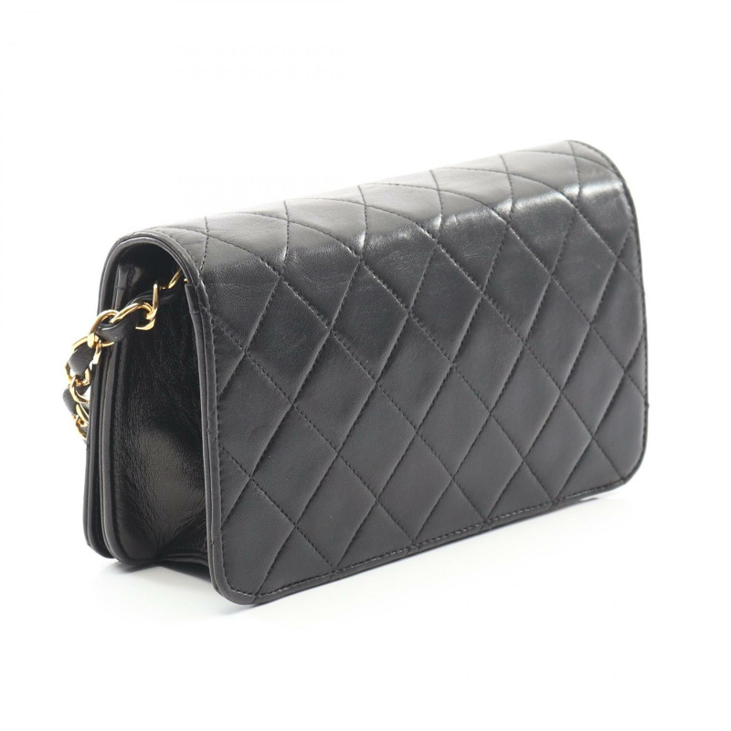 香奈兒迷你絎縫全蓋鏈條單肩背包，羊皮材質，黑色，二手，金色五金配件。-1