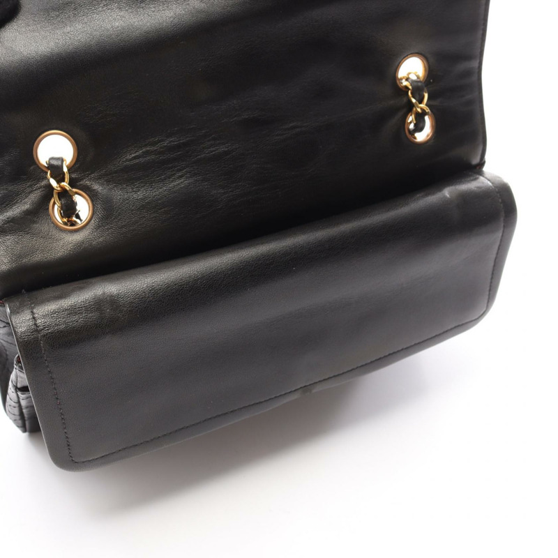 香奈兒 (CHANEL) Matelasse W 翻蓋鏈條單肩背包,羊皮材質,黑色,二手,金色五金,CC-6
