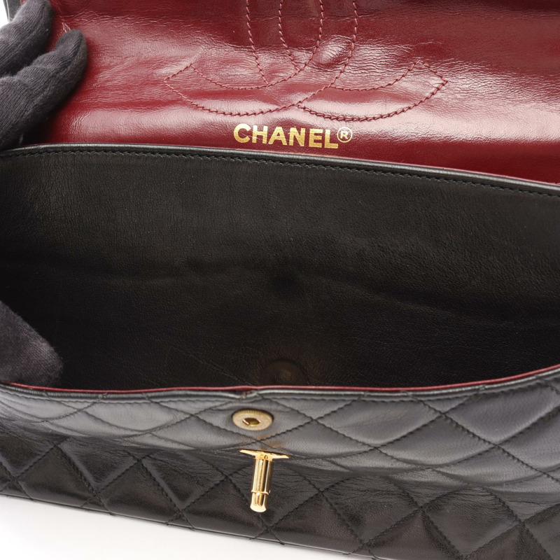 香奈兒 (CHANEL) Matelasse W 翻蓋鏈條單肩背包,羊皮材質,黑色,二手,金色五金,CC-7