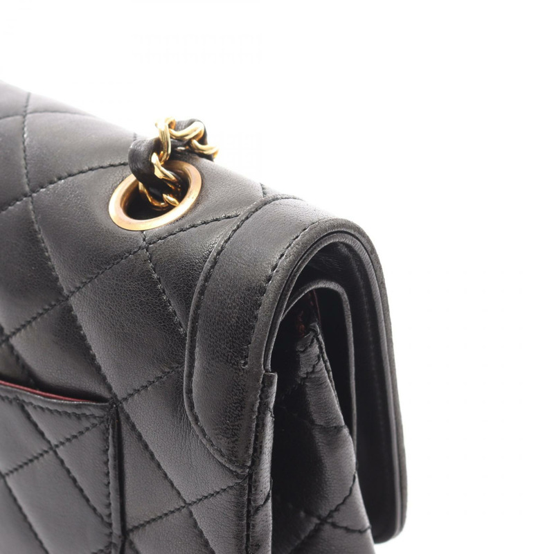 香奈兒 (CHANEL) Matelasse W 翻蓋鏈條單肩背包,羊皮材質,黑色,二手,金色五金,CC-14