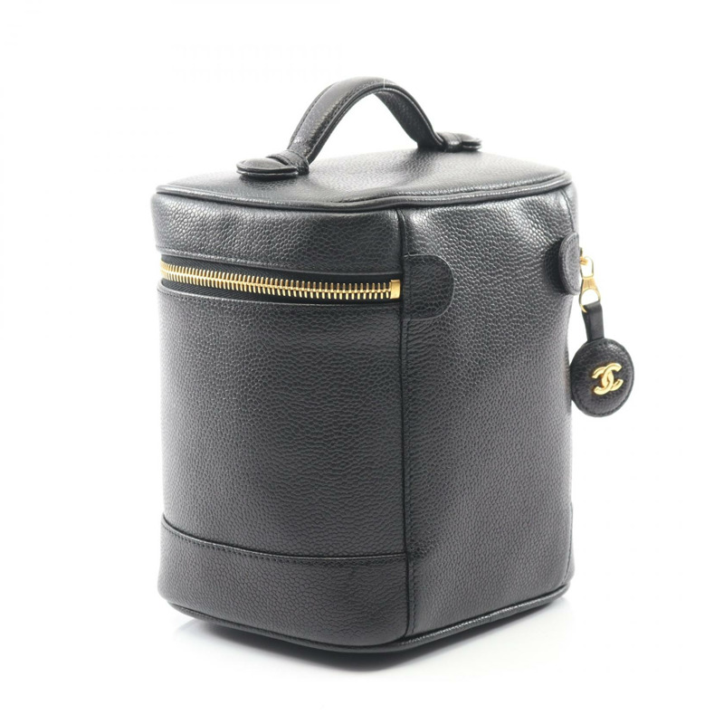 香奈兒 COCO 標誌化妝包,粒面小牛皮,黑色,二手,女士,金色五金 CC-1