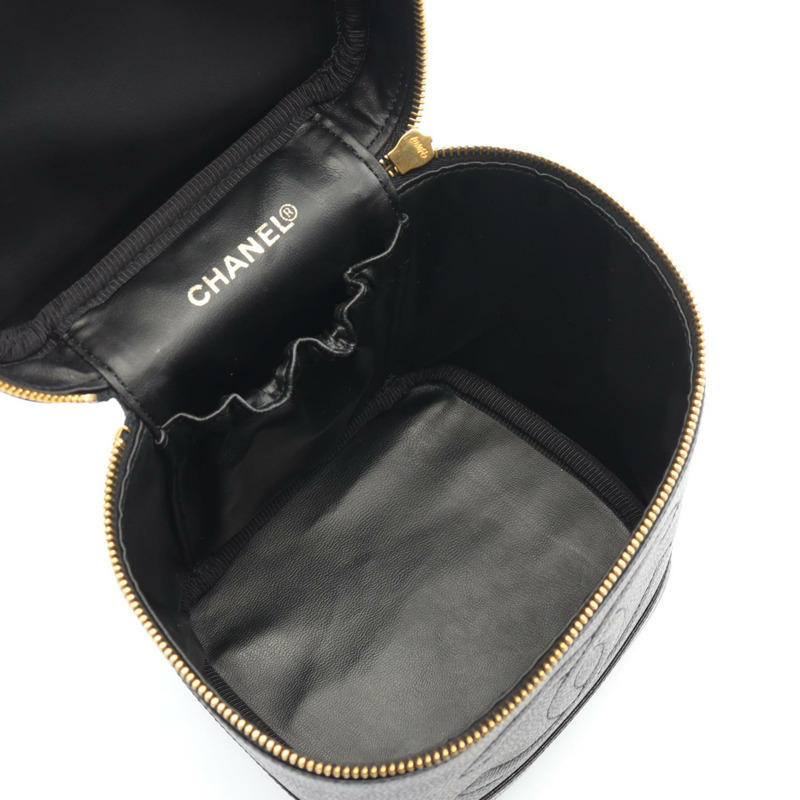 香奈兒 COCO 標誌化妝包,粒面小牛皮,黑色,二手,女士,金色五金 CC-2