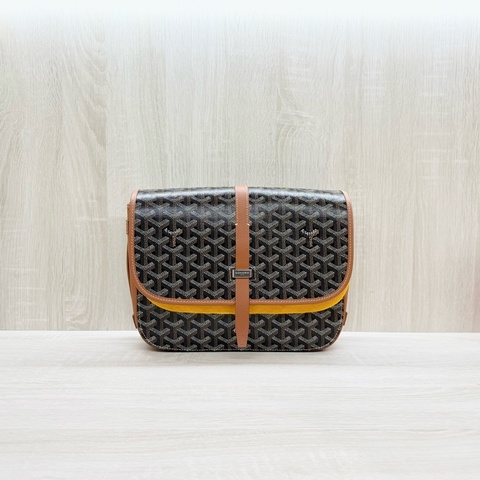 GOYAR棕牛皮拚老花下蓋郵差斜背包 BELVE3MMLTY01CG03P