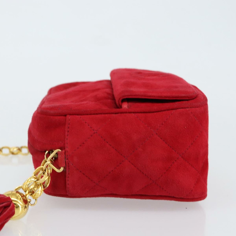 【日本直送】香奈兒 Matelasse 鏈條肩背包 麂皮 紅色 金色 CC 標誌 Auth 150966-3