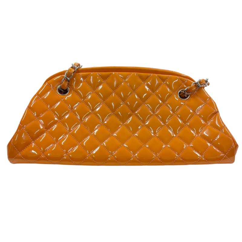 CHANEL 香奈兒 漆皮腋下肩背包 橘色 銀釦-1
