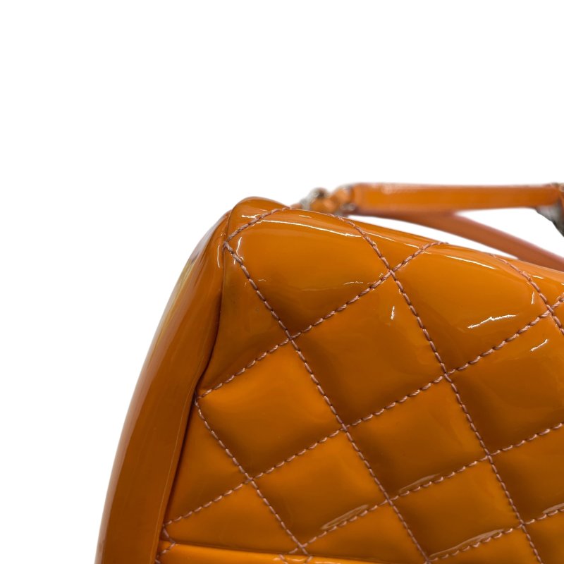 CHANEL 香奈兒 漆皮腋下肩背包 橘色 銀釦-7