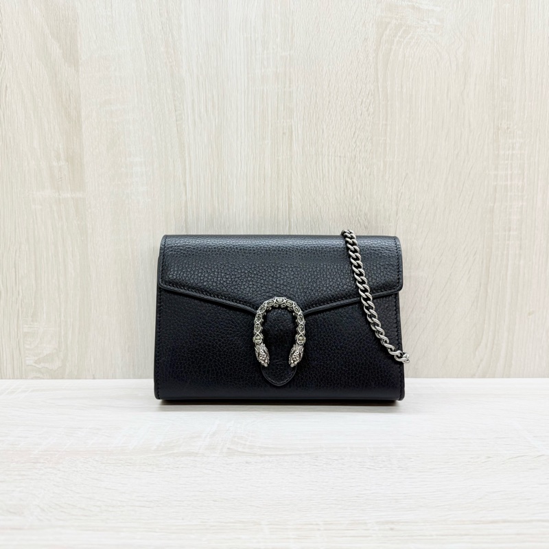 GUCCI黑色牛皮銀釦水晶虎頭酒神鍊包401231-0