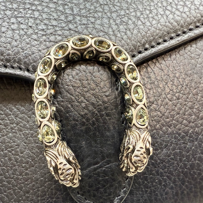 GUCCI黑色牛皮銀釦水晶虎頭酒神鍊包401231-11