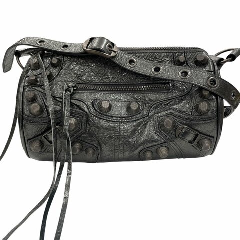 BALENCIAGA 巴黎世家 BLACK Le CAGOLE 圓筒包 皮革 鐵灰色 鎳色釦