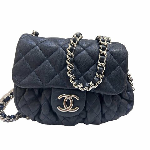 CHANEL深藍色全皮滾銀鍊南深藍色全皮滾銀鍊南瓜斜背/小款