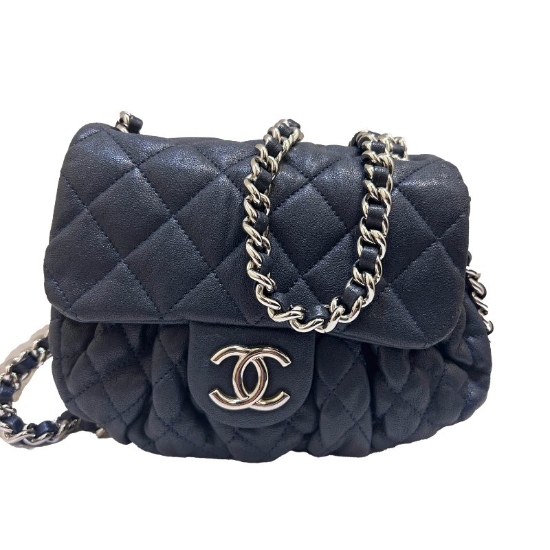 CHANEL深藍色全皮滾銀鍊南深藍色全皮滾銀鍊南瓜斜背/小款-0