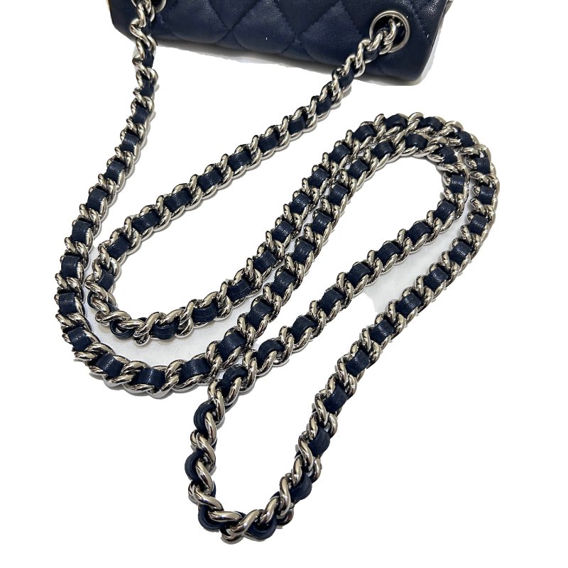 CHANEL深藍色全皮滾銀鍊南深藍色全皮滾銀鍊南瓜斜背/小款-7