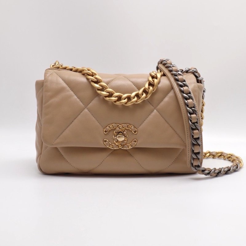 CHANEL 19 Bag 菱格紋羊皮手提肩背包 26 - 淺奶茶金31開-7