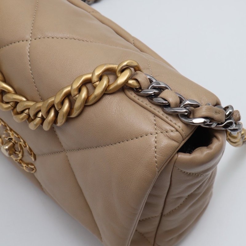 CHANEL 19 Bag 菱格紋羊皮手提肩背包 26 - 淺奶茶金31開-12