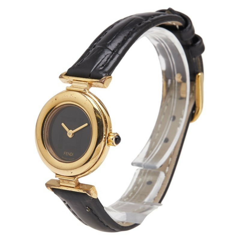Fendi FF 標誌錶帶（非原廠）腕錶，320L 石英機芯，黑色錶盤，鍍層皮革錶帶，女士款，FENDI-1