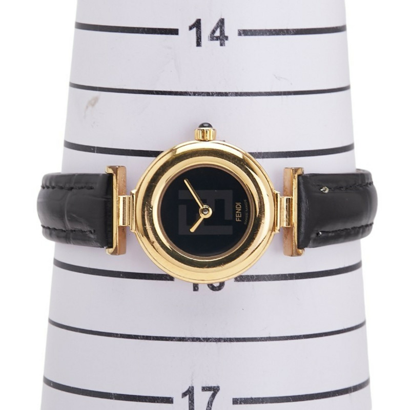 Fendi FF 標誌錶帶（非原廠）腕錶，320L 石英機芯，黑色錶盤，鍍層皮革錶帶，女士款，FENDI-6