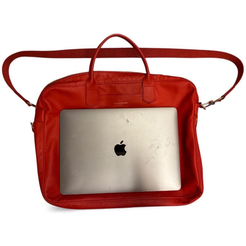 🛍️【Longchamp 橘紅真皮公事包/電腦包】型號1212888313 | 經典停產款 | 法國牛皮 | 底部擴充 | 贈毛球 | 附購證-5