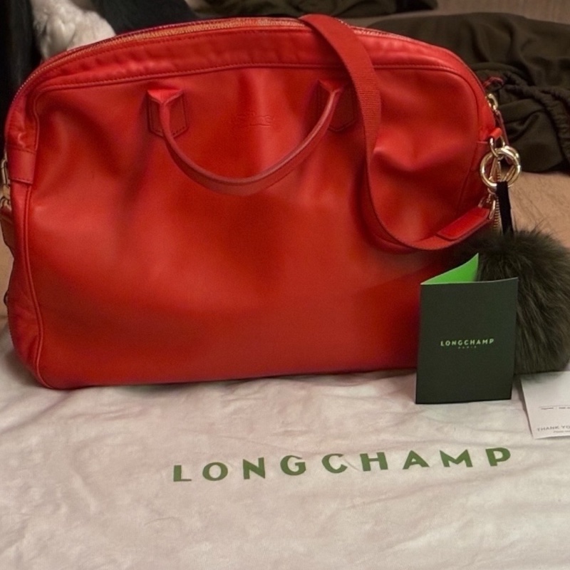 🛍️【Longchamp 橘紅真皮公事包/電腦包】型號1212888313 | 經典停產款 | 法國牛皮 | 底部擴充 | 贈毛球 | 附購證-7