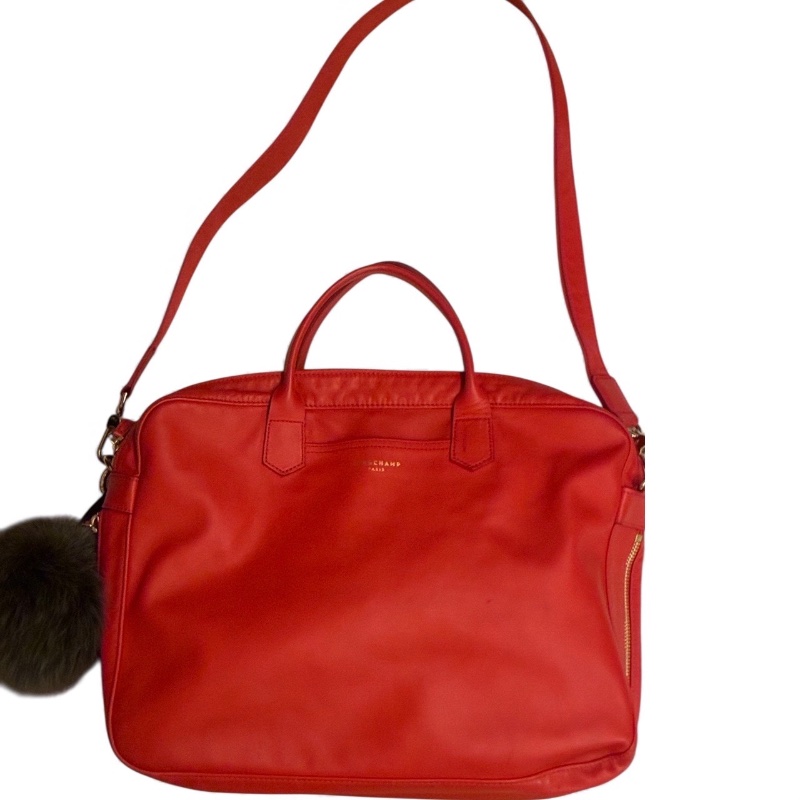 🛍️【Longchamp 橘紅真皮公事包/電腦包】型號1212888313 | 經典停產款 | 法國牛皮 | 底部擴充 | 贈毛球 | 附購證-8