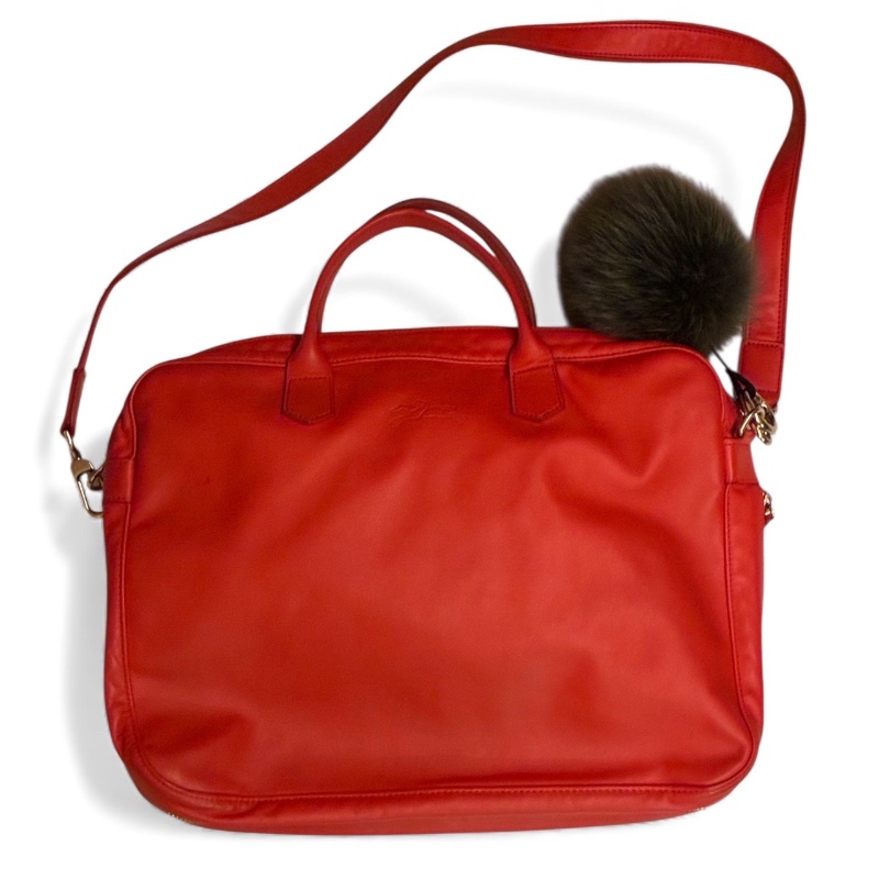 🛍️【Longchamp 橘紅真皮公事包/電腦包】型號1212888313 | 經典停產款 | 法國牛皮 | 底部擴充 | 贈毛球 | 附購證-9